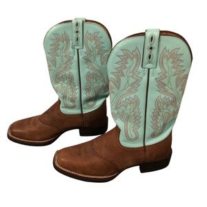 Justin Boots Leather Cowgirl Boots Brown & Turquoise with Embroidery Size 6.5